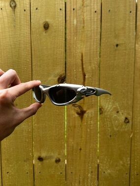 Oakley Silver Metallic Frame Black Lens Futuristic Sport Sunglasses